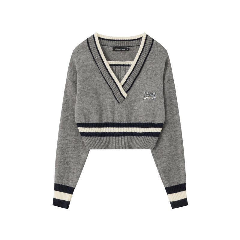 Two Color Contrast V Neck Sweater