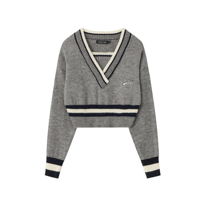 Two Color Contrast V Neck Sweater