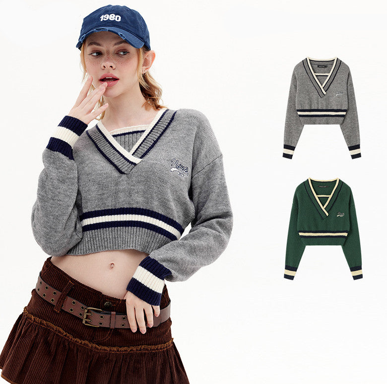 Two Color Contrast V Neck Sweater