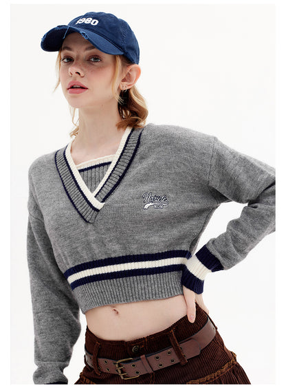 Two Color Contrast V Neck Sweater