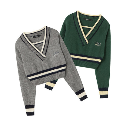 Two Color Contrast V Neck Sweater