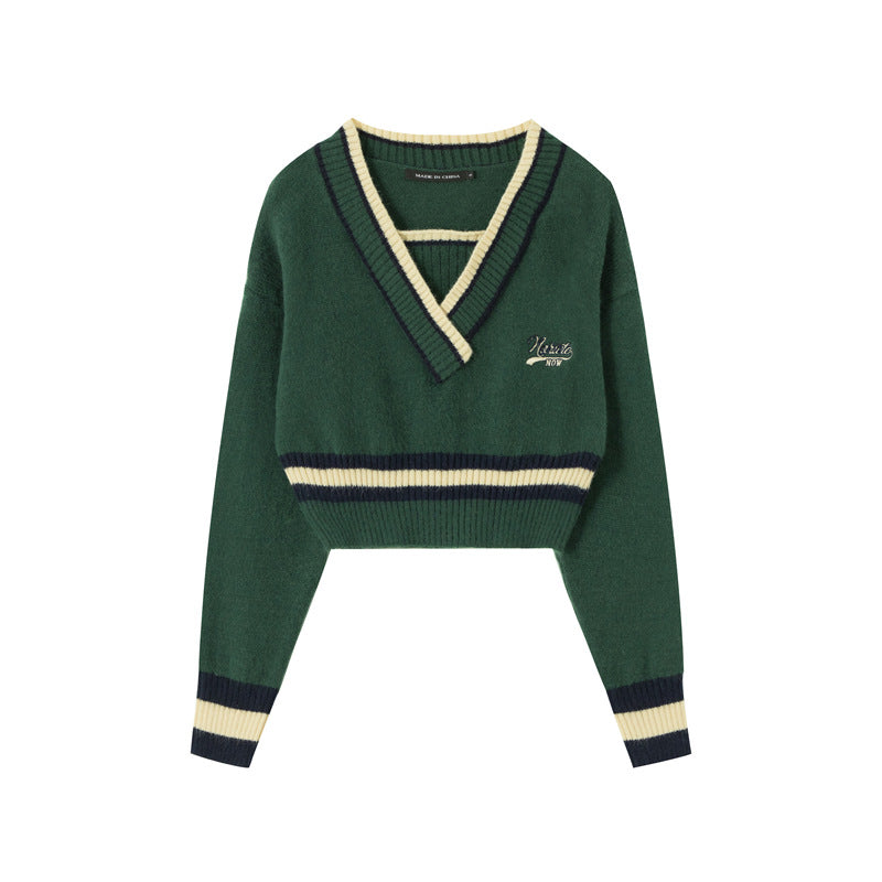 Two Color Contrast V Neck Sweater