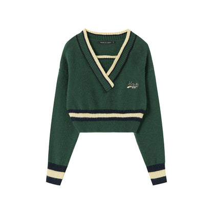 Two Color Contrast V Neck Sweater